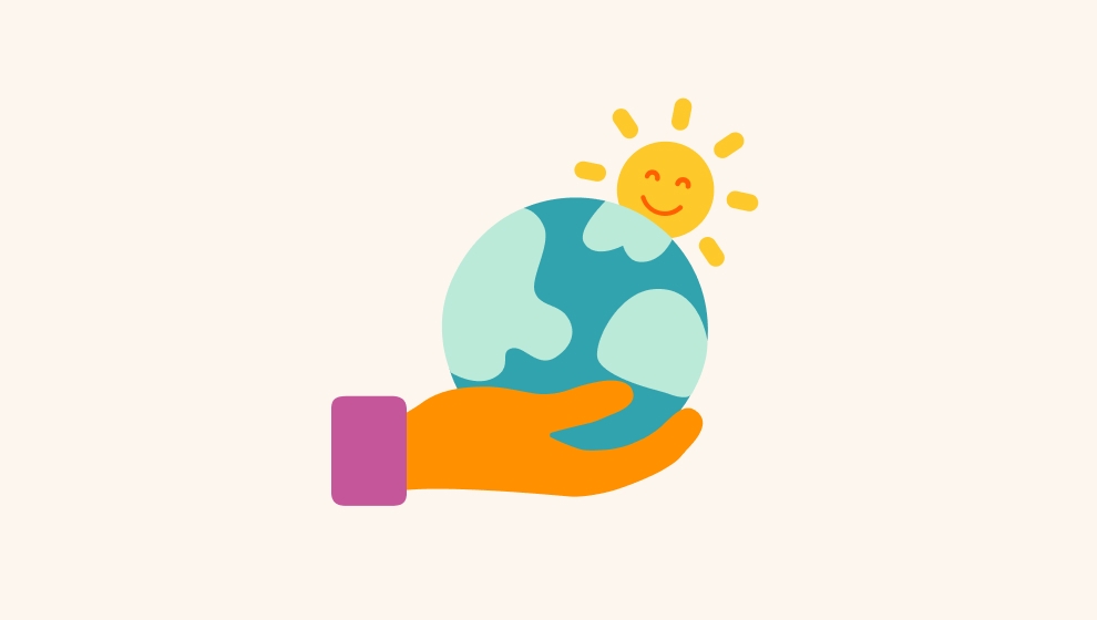 Illustration av en hand som håller jorden med en glad sol i bakgrunden
